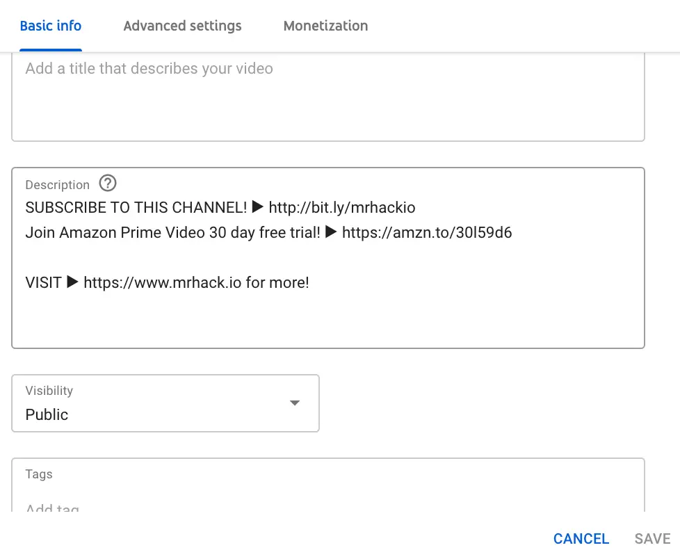 YouTube upload defaults basic info